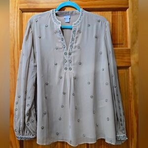 Chicho's long sleeve sheer lined blouse with v neck and beading, size 16